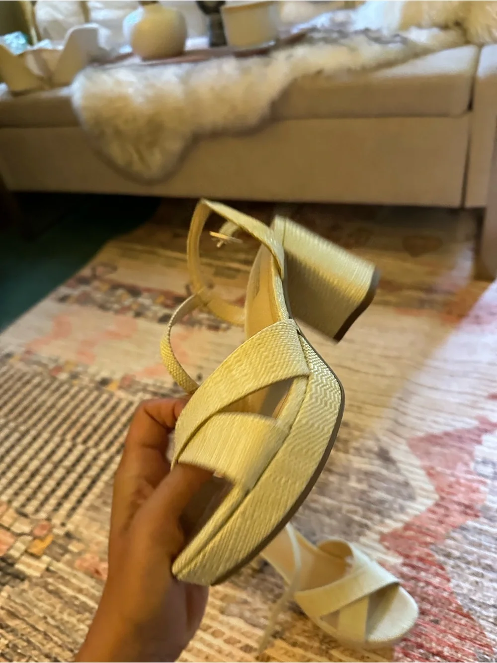 Kenneth Cole Reaction Ivory Woven Block Heel Sandals